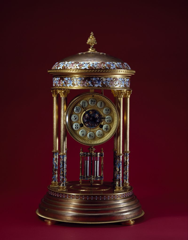图片[1]-Copper plated gold inlaid enamel pavilion clock-China Archive